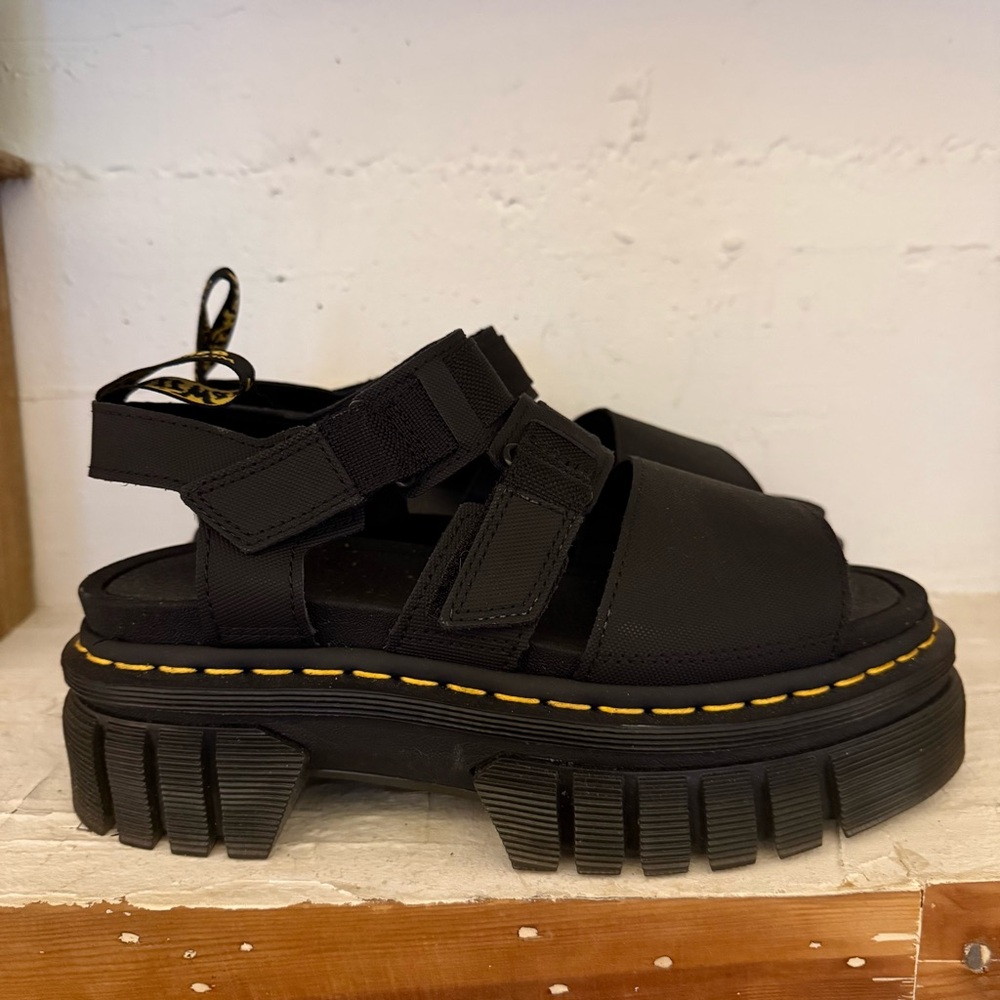Dr. Martens Black Platform Sandals with Yellow Stitching - Picture 2 of 6